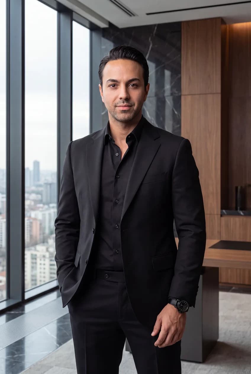 Ehsan Sorkhkhah, waist-up portrait in a black suit and black shirt